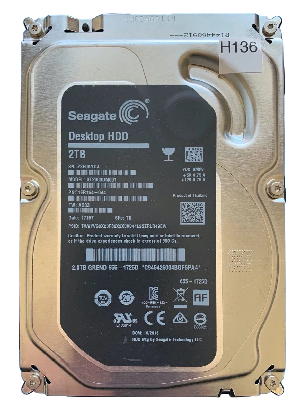 ST2000DM001 – 100762568 REV A – S/N: Z8E0AYG4 – P/N: 1ER164-044 – F/W: AQ03 – Site: TK – Date: 17157 – 2TB – 3.5" – SATA