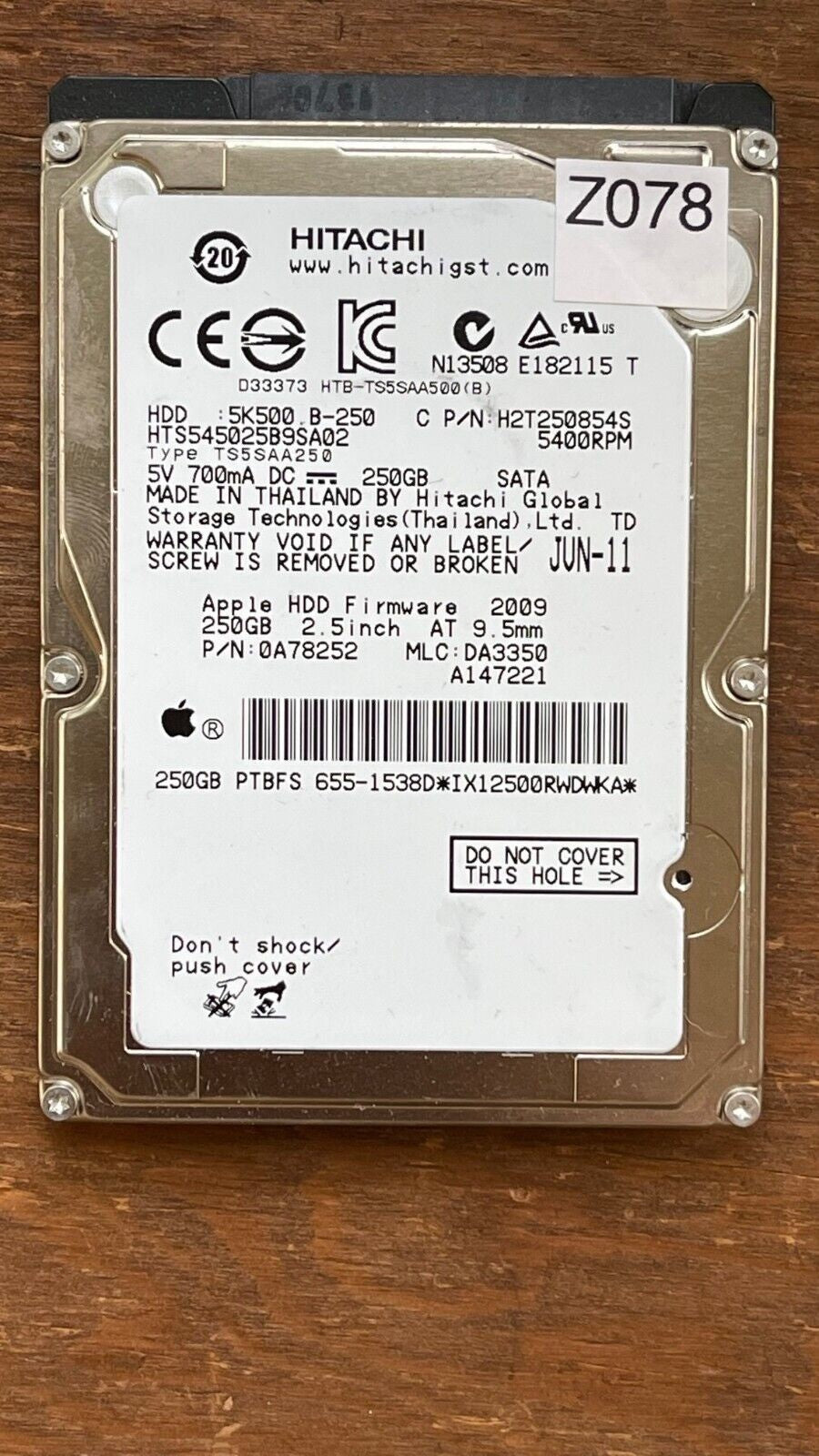 HTS545025B9SA02 – 0A58758 DA2740 – HDD:5K500 B-250 – TS5SAA250 – DA3350 – P/N: H2T250854S – 250GB – 2.5" – SATA