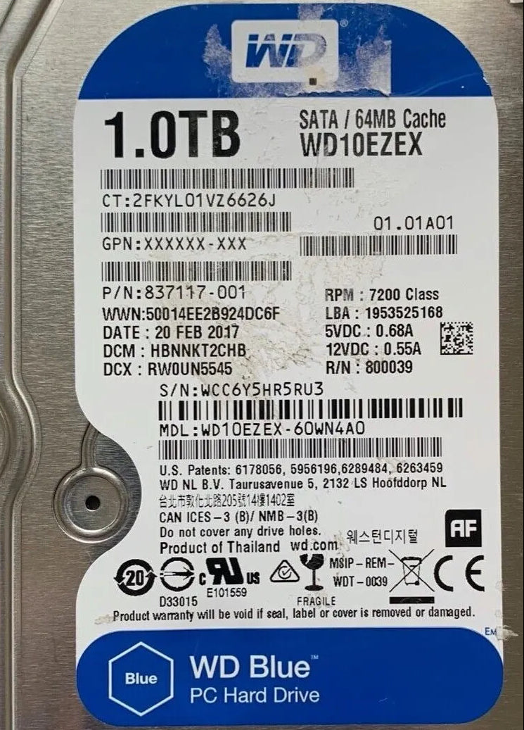 WD10EZEX-60WN4A0 – 2060-800039-001 REV P1 – HBNNKT2CHB – 1.0TB – 3.5" – SATA
