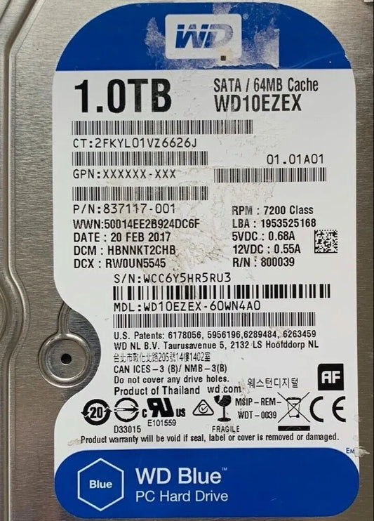 WD10EZEX-60WN4A0 – 2060-800039-001 REV P1 – HBNNKT2CHB – 1.0TB – 3.5" – SATA