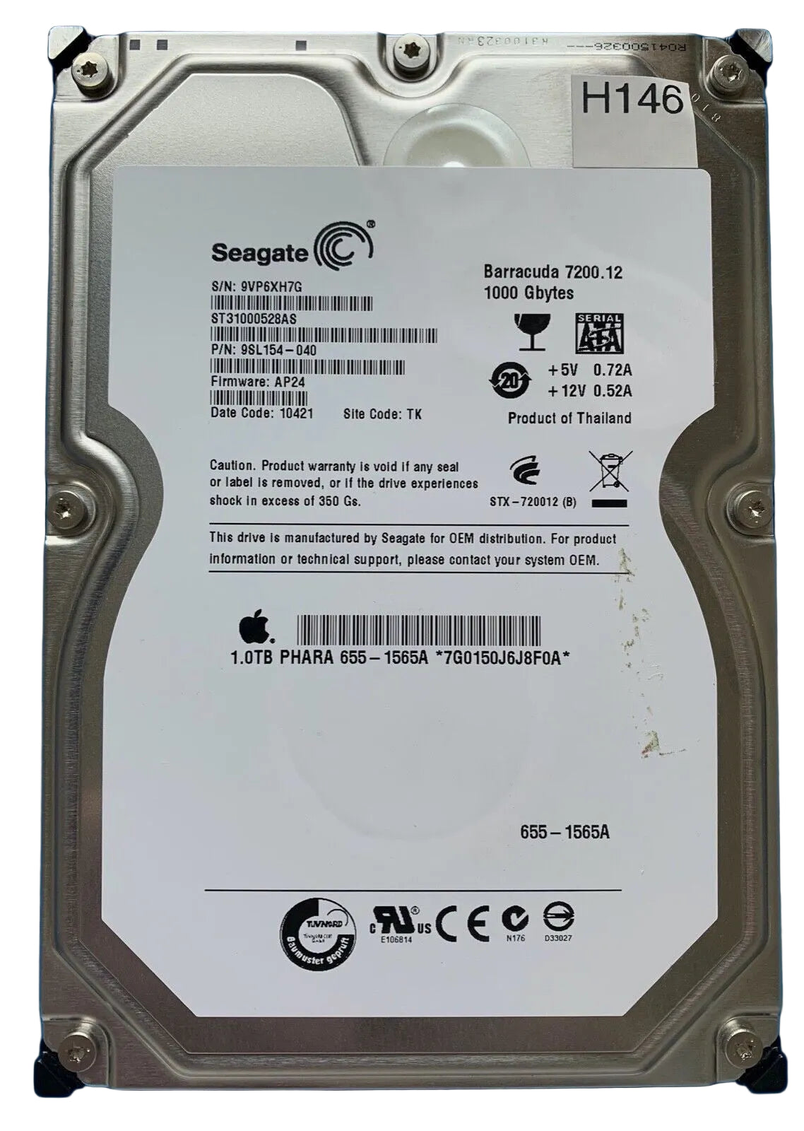 ST31000528AS – 100535537 REV A – S/N: 9VP6XH7G – P/N: 9SL154-040 – F/W: AP24 – Site: TK – Date: 10421 – 1TB – 3.5" – SATA