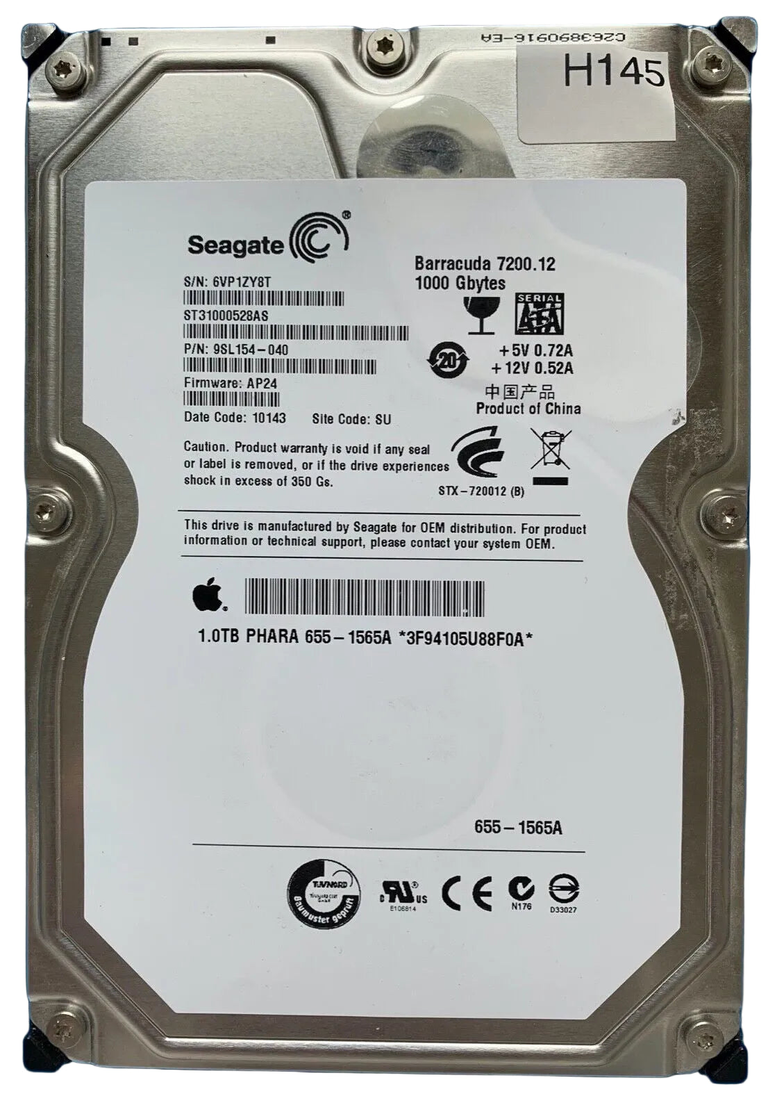 ST31000528AS – 100535537 REV A – S/N: 6VP1ZY8T – P/N: 9SL154-040 – F/W: AP24 – Site: SU – Date: 10143 – 1TB – 3.5" – SATA