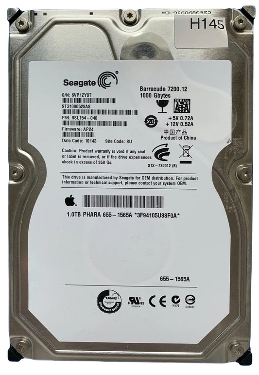 ST31000528AS – 100535537 REV A – S/N: 6VP1ZY8T – P/N: 9SL154-040 – F/W: AP24 – Site: SU – Date: 10143 – 1TB – 3.5" – SATA