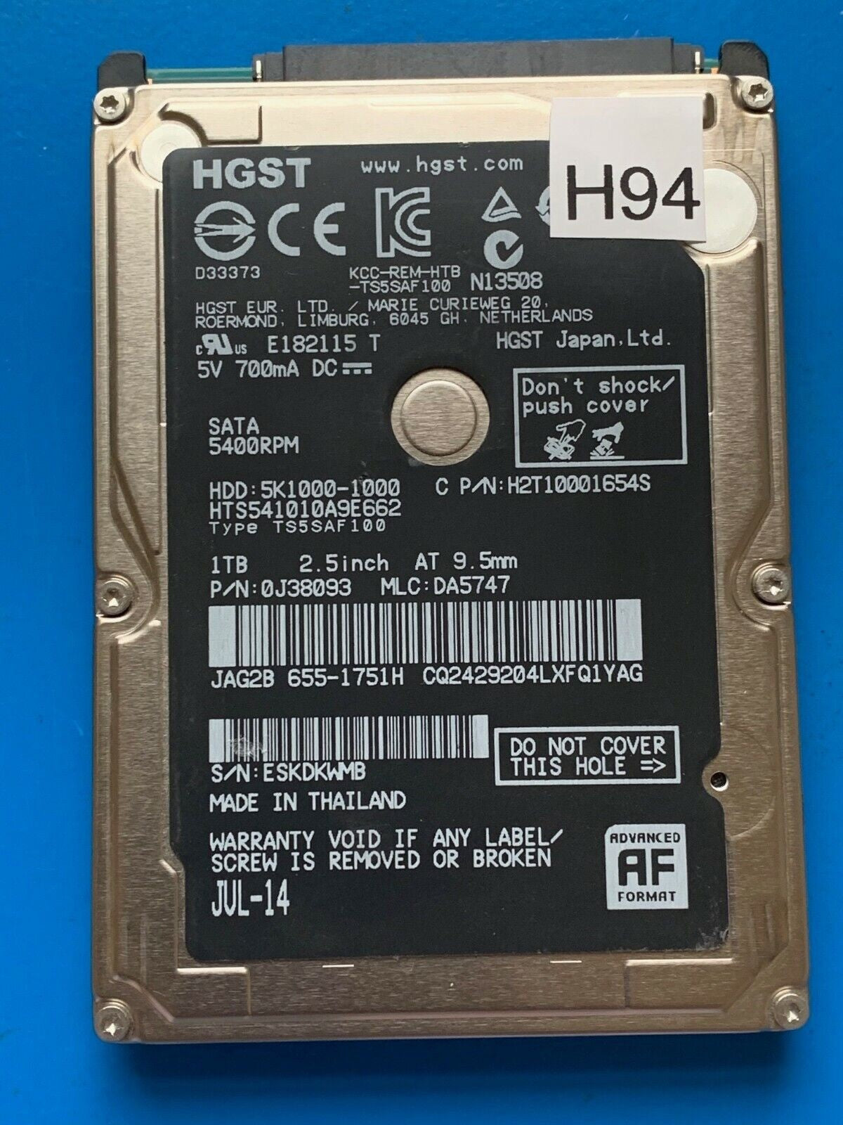 HGST – HTS541010A9E662 - 0J24275 DA5092 – DA5747 – P/N: 0J38093 – 1TB – 2.5" – SATA