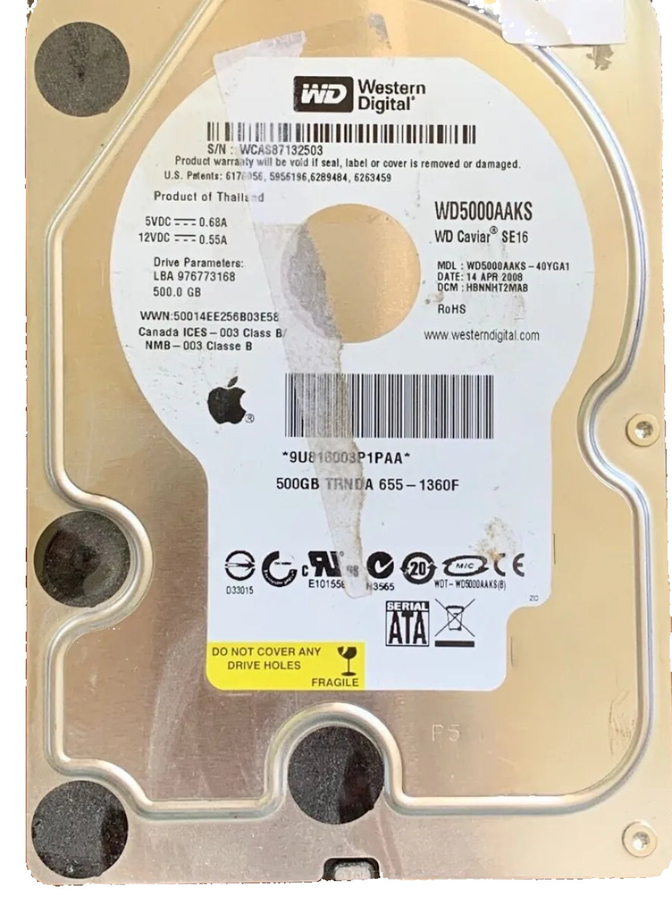 WD5000AAKS-40YGA1 – 2060-701477-900 Rev A – HBNNHT2MAB – Date: 14 APR 2008 – 500GB – 3.5" – SATA