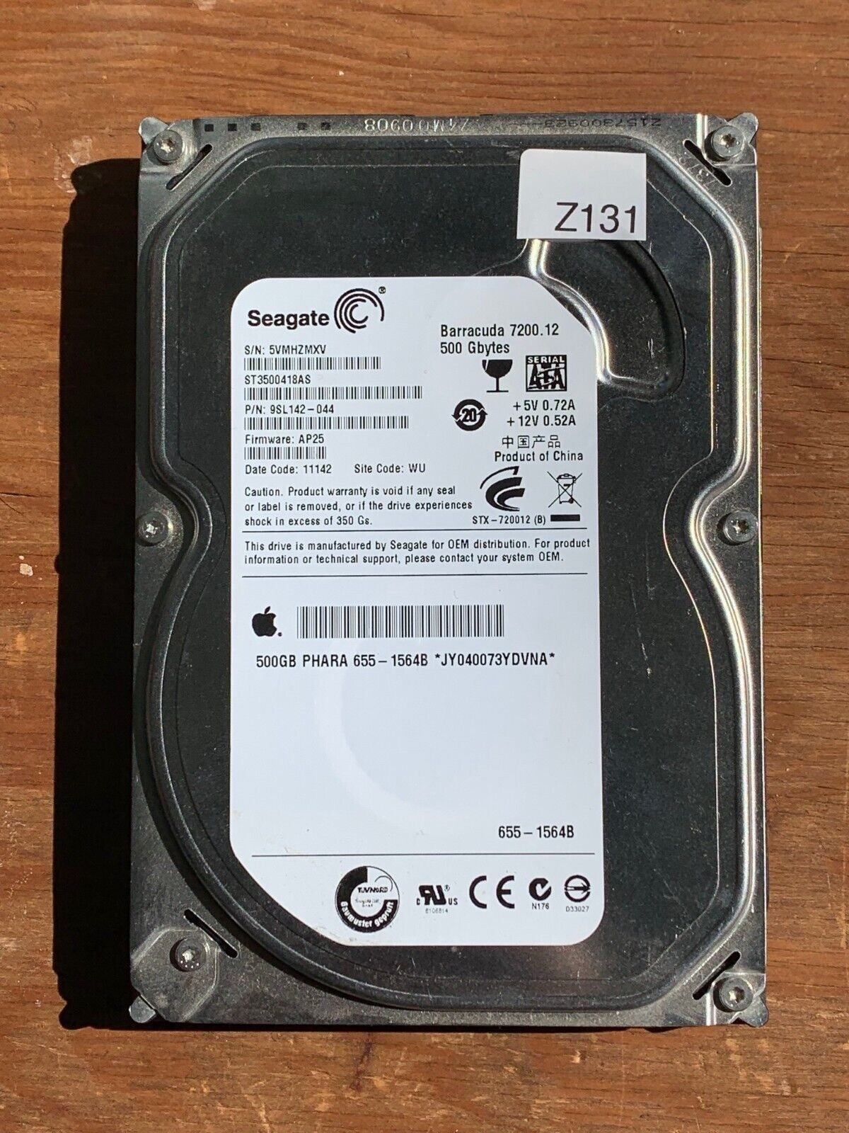 ST3500418AS – 100535704 REV B – S/N: 5VMHZMXV – P/N: 9SL142-044 – F/W: AP25 – Site: WU – Date: 11142 – 500GB – 3.5" – SATA