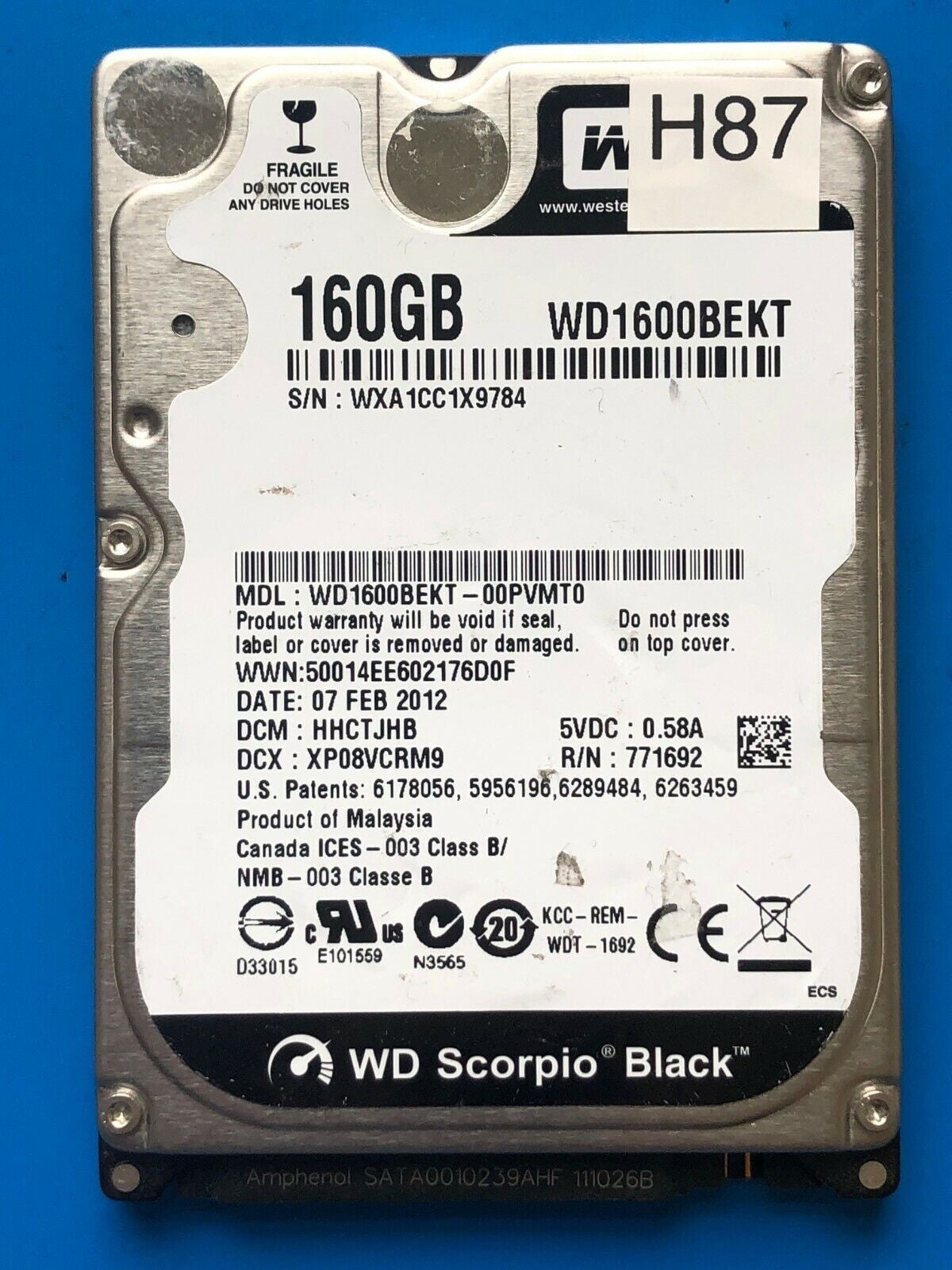 WD1600BEKT-00PVMT0 – 2060-771692-006 Rev A – HHCTJHB – 71188-T9F-AD S 22109XJ L – Date: 07 FEB 2012 – 160GB – 2.5" – SATA