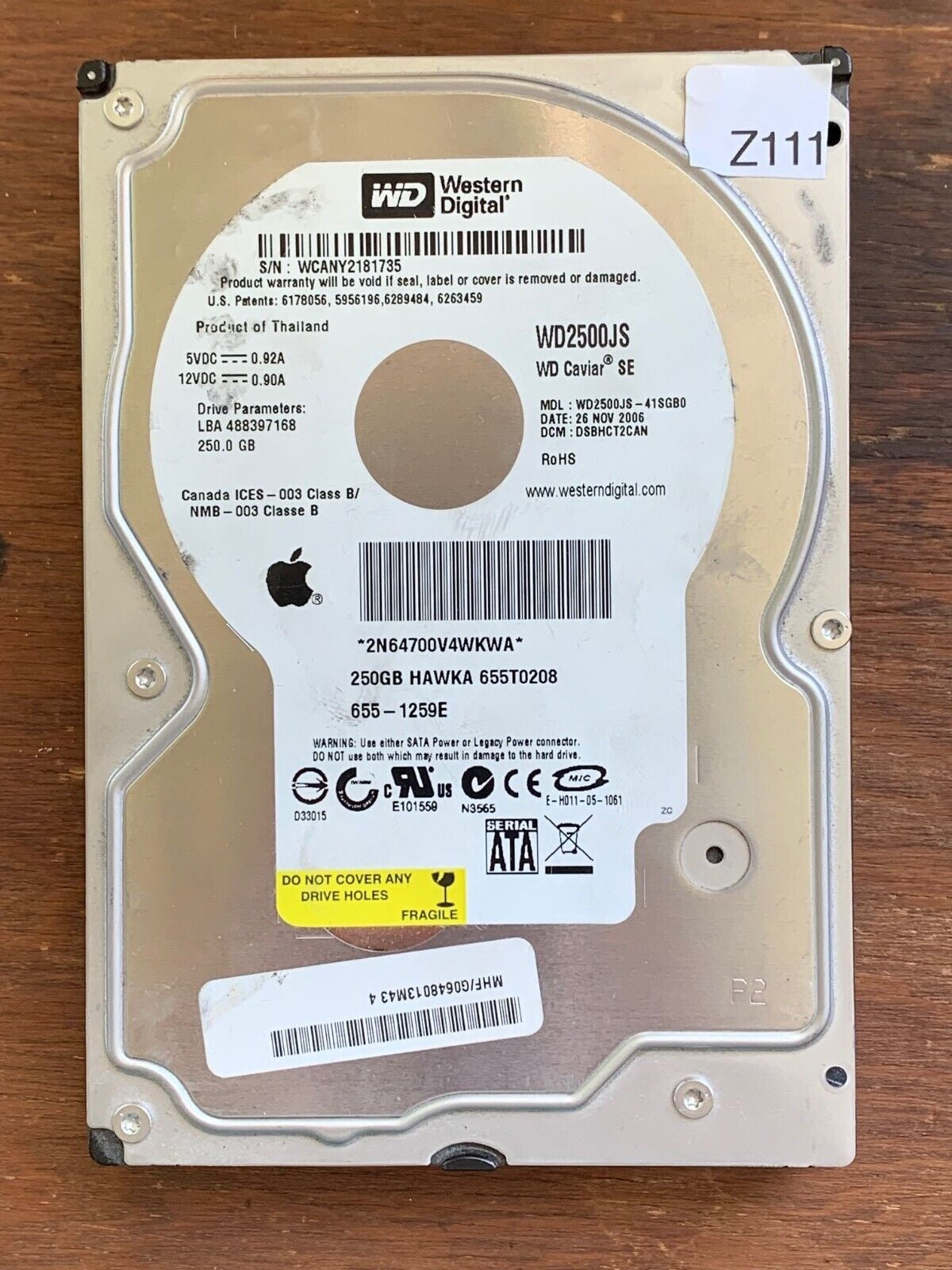 WD2500JS-41SGB0 – 2060-701335-005 Rev A – DSBHCT2CAN – Date: 26 NOV 2006 – 250GB – 3.5" – SATA