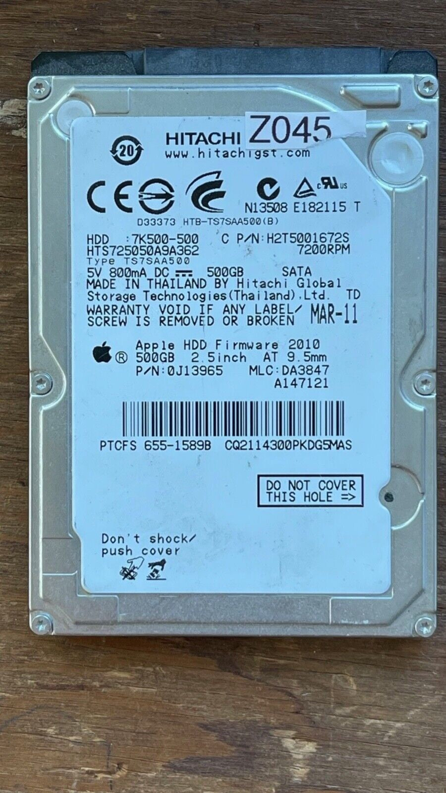 HTS725050A9A362 – 0A71430 DA3006 – HDD:7K500-500 – TS7SAA500 – DA3847 – P/N: 0J13965 – 500GB – 2.5" – SATA