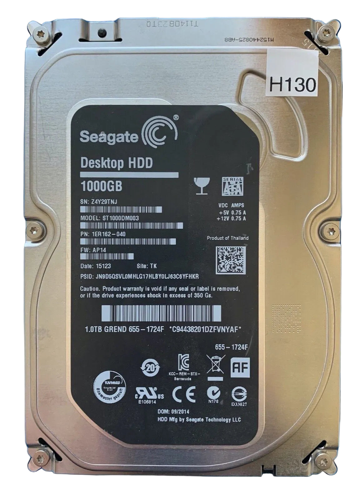 ST1000DM003 – 100724095 REV A – S/N: Z4Y29TNJ – P/N: 1ER162-040 – F/W: AP14 – Site: TK – Date: 15123 – 1TB – 3.5" – SATA