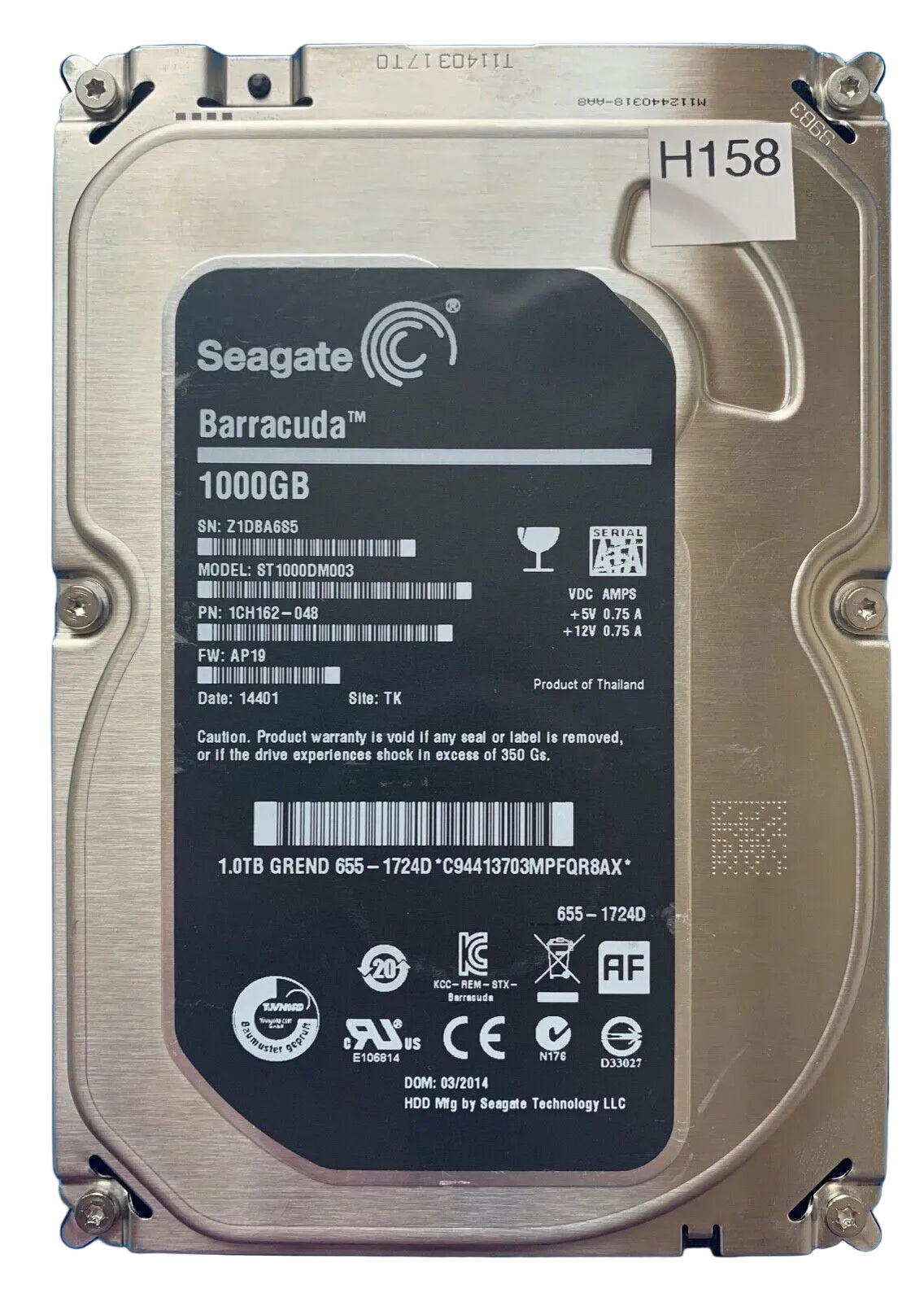 ST1000DM003 – 100717520 REV B – S/N: Z1DBA6S5 – P/N: 1CH162-048 – F/W: AP19 – Site: TK – Date: 14401 – 1TB – 3.5" – SATA