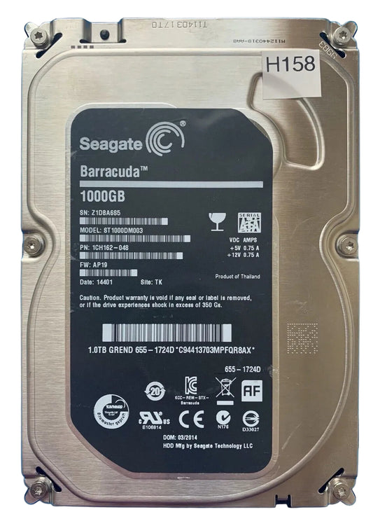 ST1000DM003 – 100717520 REV B – S/N: Z1DBA6S5 – P/N: 1CH162-048 – F/W: AP19 – Site: TK – Date: 14401 – 1TB – 3.5" – SATA