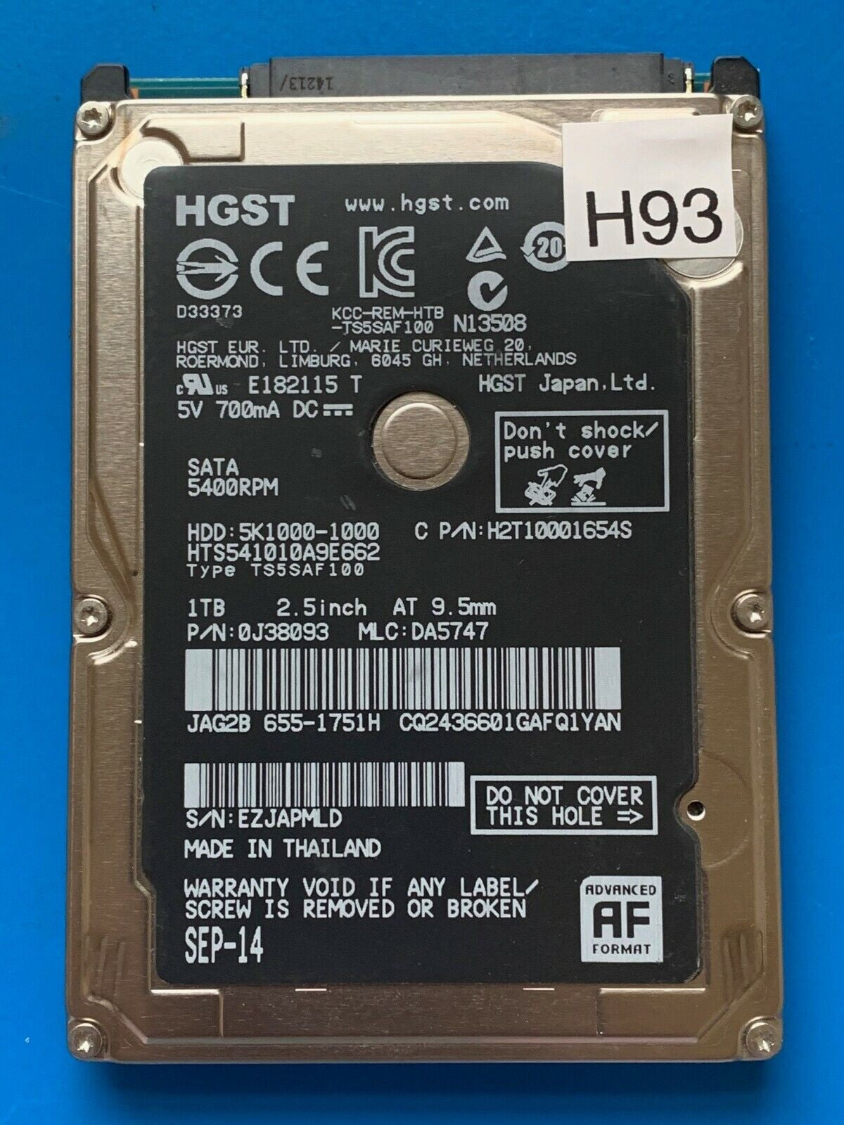 HTS541010A9E662 – 0J24275 DA5092 – DA5747 – P/N: 0J38093 – 1TB – 2.5" – SATA