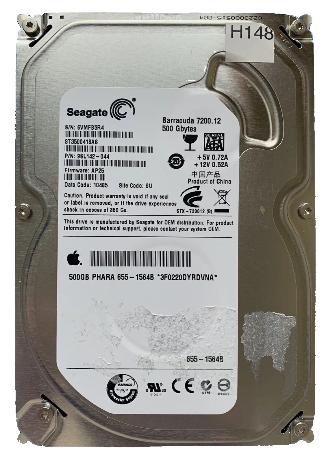 ST3500418AS – 100535704 REV B – S/N: 6VMF85R4 – P/N: 9SL142-044 – F/W: AP25 – Site: SU – Date: 10485 – 500GB – 3.5" – SATA