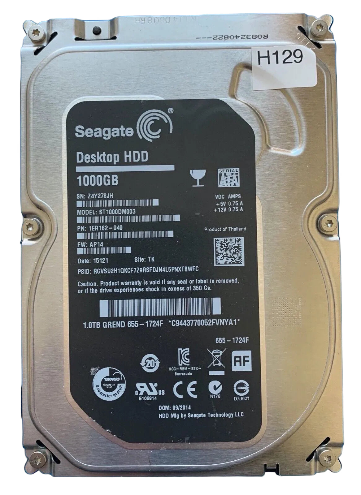ST1000DM003 – 100724095 REV A – S/N: Z4Y278JH – P/N: 1ER162-040 – F/W: AP14 – Site: TK – Date: 15121 – 1TB – 3.5" – SATA
