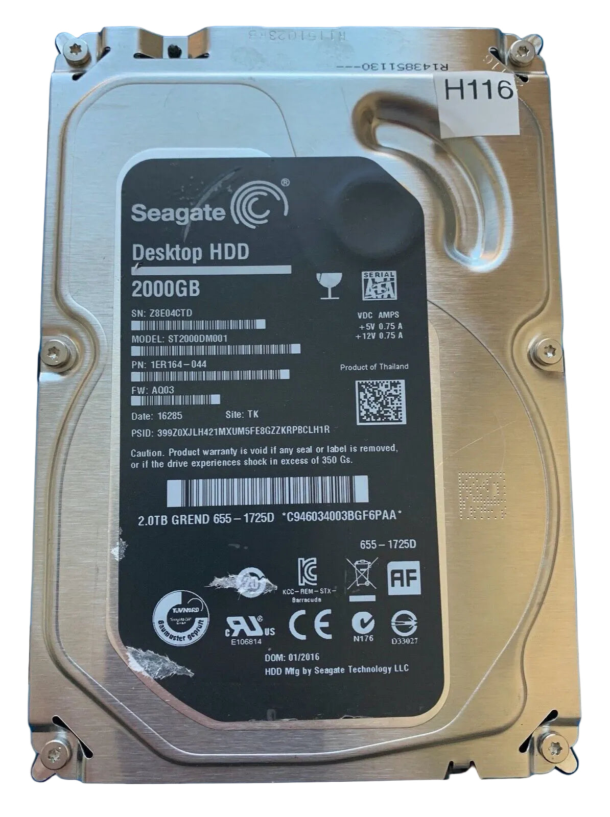 ST2000DM001 – 100762568 REV A – S/N: Z8E04CTD – P/N: 1ER164-044 – F/W: AQ03 – Site: TK – Date: 16285 – 2TB – 3.5" – SATA