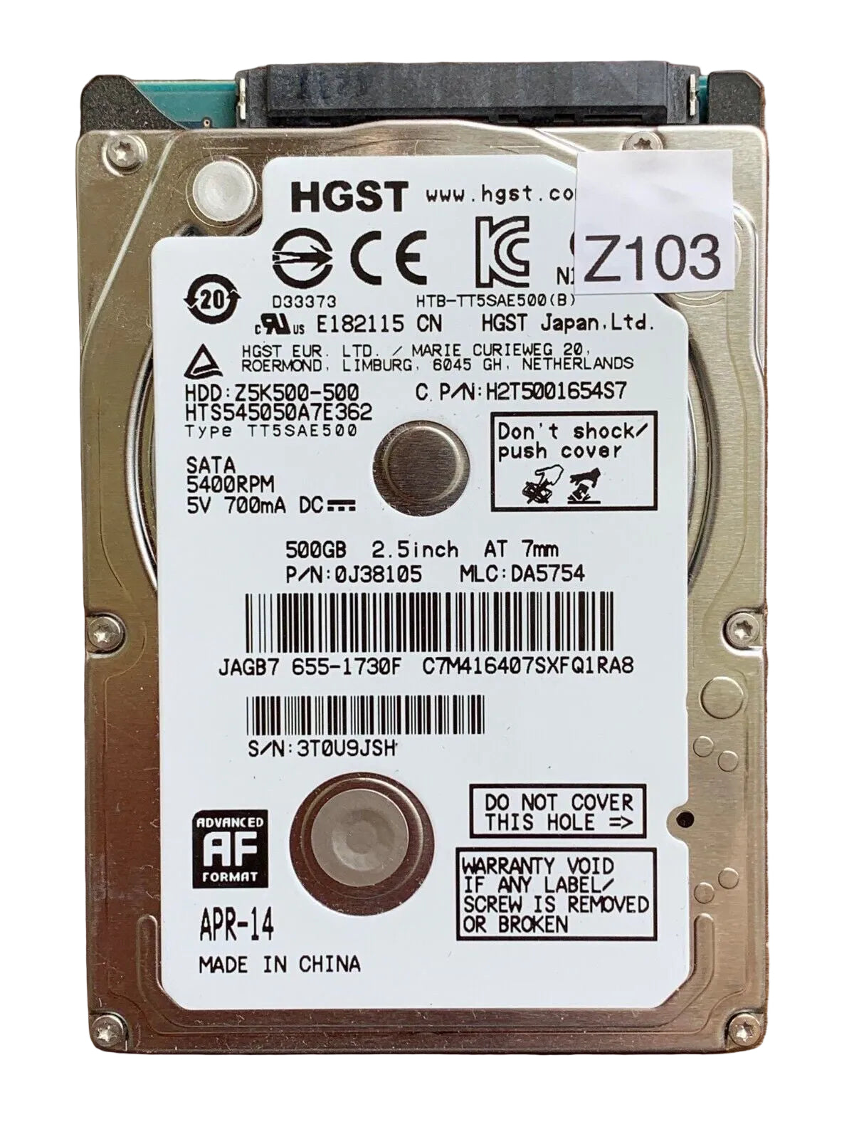 HTS545050A7E362 – 0J24193 DA5071 – HDD:Z5K500-500 – TT5SAE500 – DA5754 – P/N: 0J38105 – 500GB – 2.5" – SATA