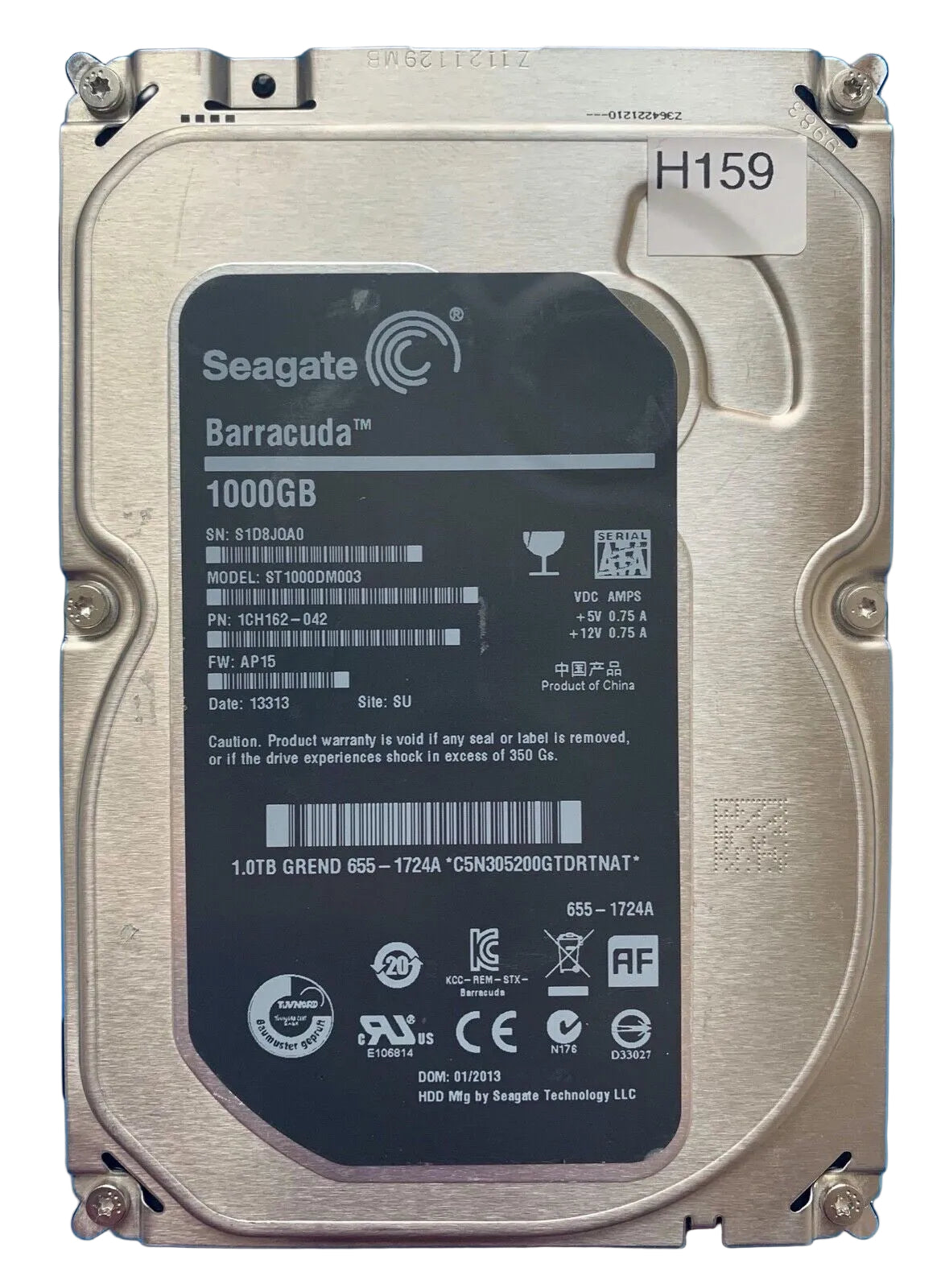 ST1000DM003 – 100687658 Rev C – S/N: S1D8JQA0 – P/N: 1CH162-042 – F/W: AP15 – Site: SU – Date: 13313 – 1TB – 3.5" – SATA