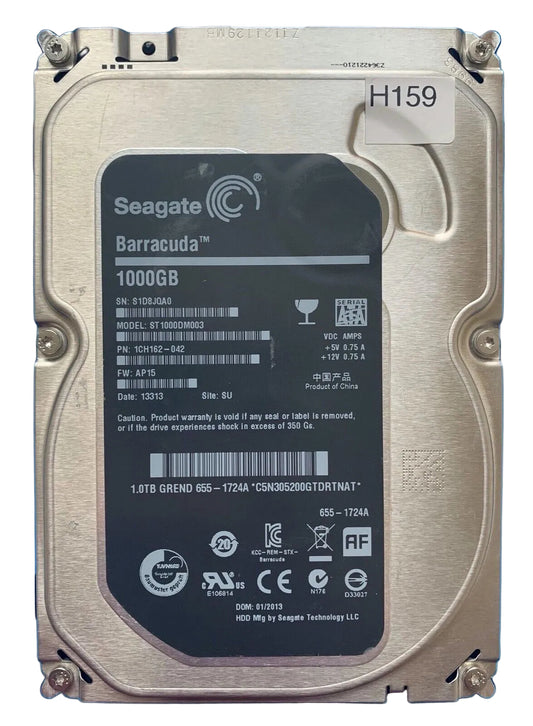 ST1000DM003 – 100687658 Rev C – S/N: S1D8JQA0 – P/N: 1CH162-042 – F/W: AP15 – Site: SU – Date: 13313 – 1TB – 3.5" – SATA