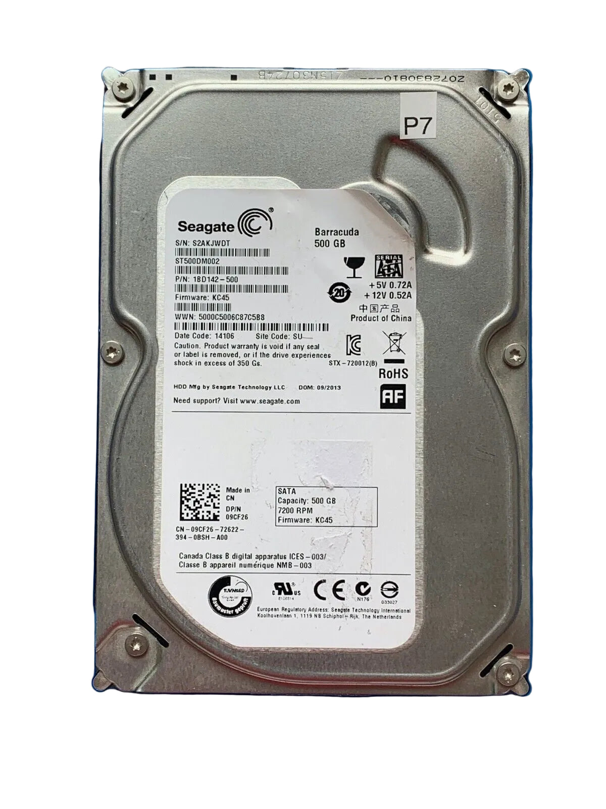 ST500DM002 – 100535704 REV C – S/N: S2AKJWDT – P/N: 1BD142-500 – F/W: KC45 – Site: SU – Date: 14106 – 500GB – 3.5" – SATA