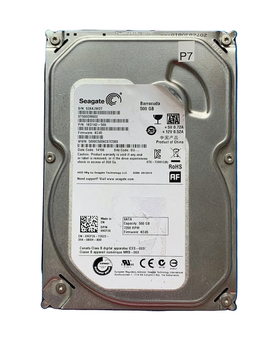ST500DM002 – 100535704 REV C – S/N: S2AKJWDT – P/N: 1BD142-500 – F/W: KC45 – Site: SU – Date: 14106 – 500GB – 3.5" – SATA