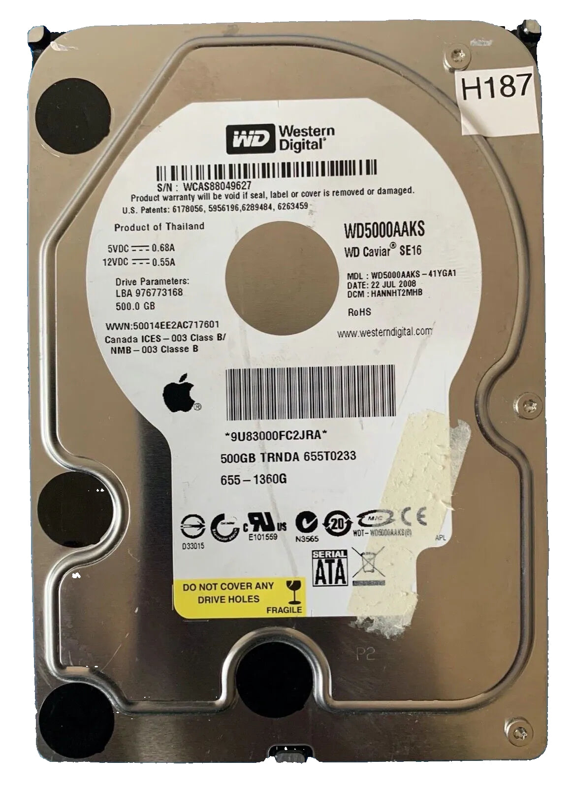 WD5000AAKS-41YGA1 – 2060-701477-900 Rev A – HANNHT2MHB – Date: 22 JUL 2008 – 500GB – 3.5" – SATA
