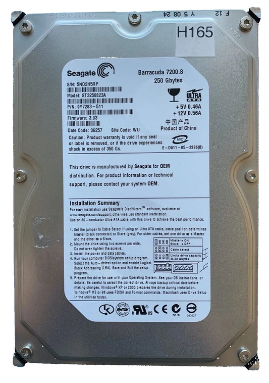 ST3250823A – 100335769 Rev B – S/N: 5ND2H5RP – P/N: 9Y7283-511 – F/W: 3.03 – Site: WU – Date: 06257 – 250GB – 3.5" – IDE/PATA