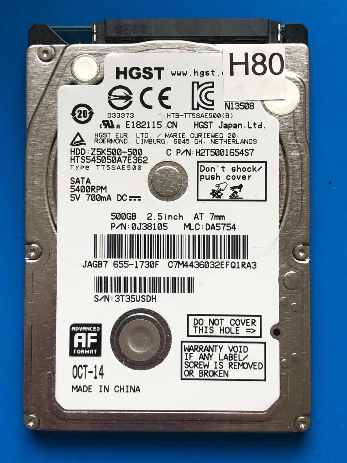 HTS545050A7E680 – 0J24193 DA5071 – HDD:Z5K500-500 – TT5SAE500 – DA5754 – P/N: 0J38105 – 500GB – 2.5" – SATA