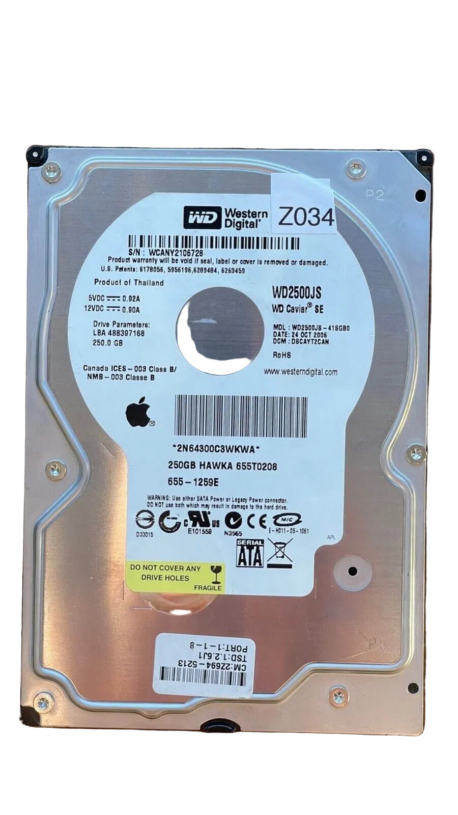WD2500JS-41SGB0 – 2060-701335-005 Rev A – DSCAYT2CAN – 1024CAPT YR4 Q X43 – Date: 24 OCT 2006 – 250GB – 3.5" – SATA