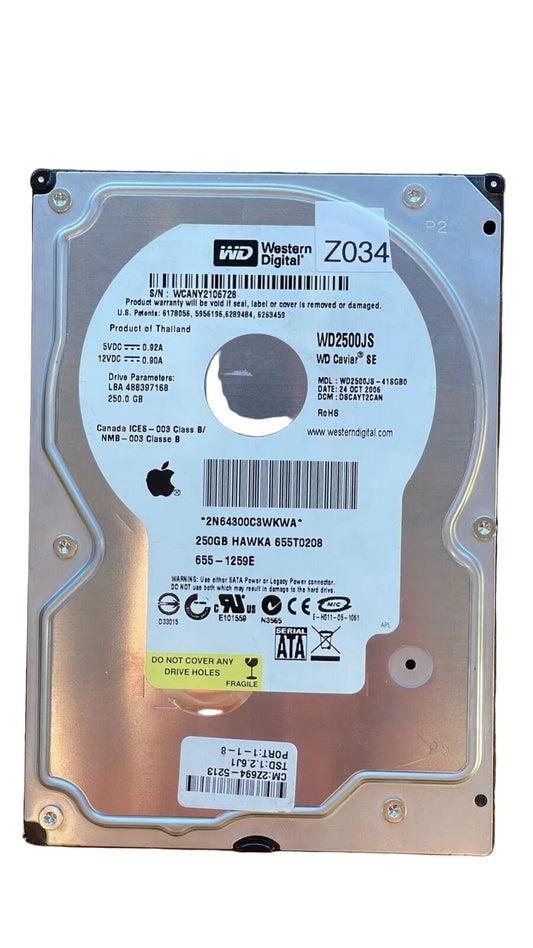 WD2500JS-41SGB0 – 2060-701335-005 Rev A – DSCAYT2CAN – 1024CAPT YR4 Q X43 – Date: 24 OCT 2006 – 250GB – 3.5" – SATA