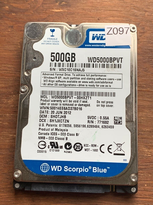 WD5000BPVT-00HXZT1, DCM SHOTJHB, Western Digital 500GB SATA 2.5 Hard Drive