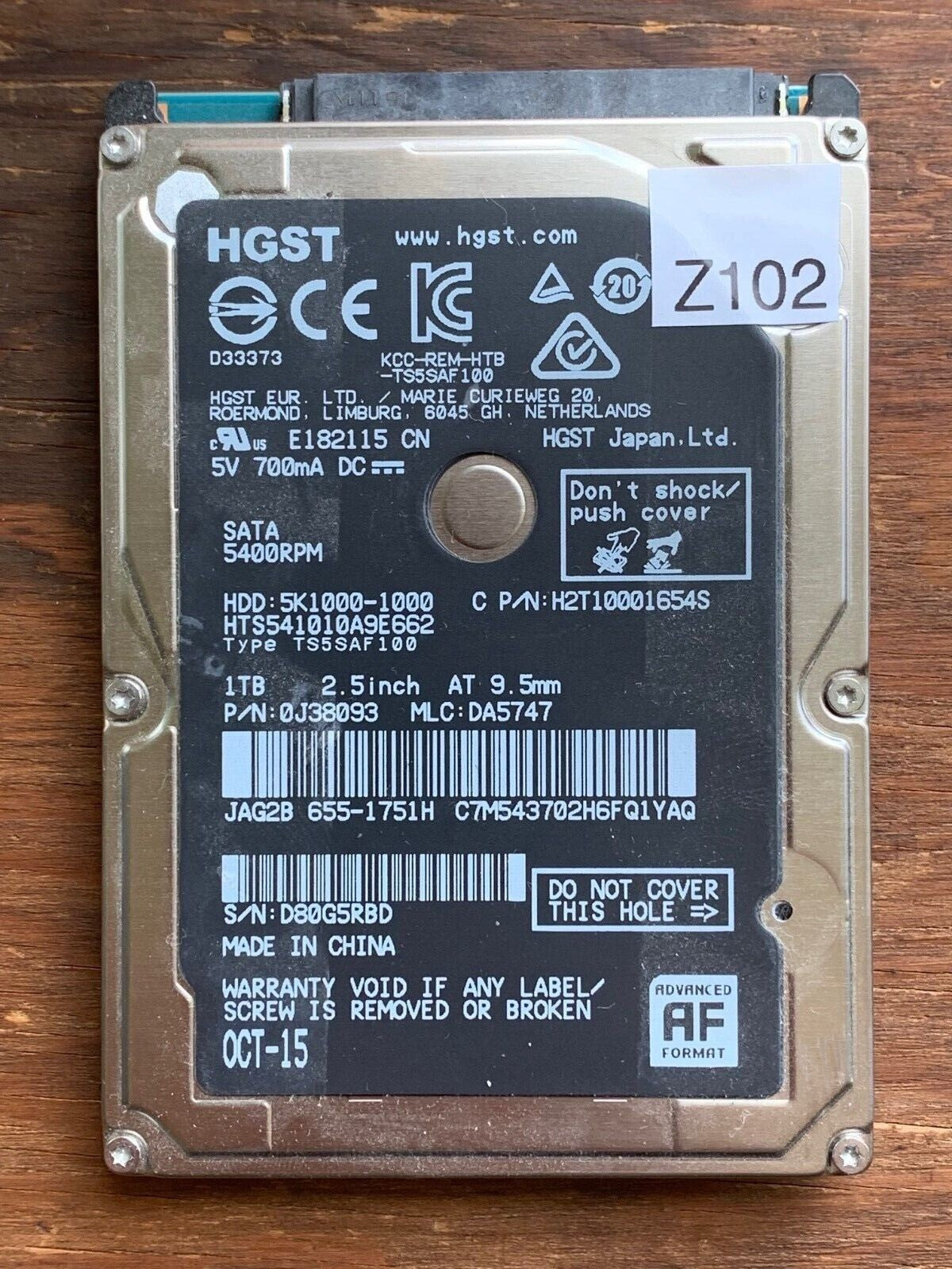 HTS541010A9E662 – 0J24275 DA5092 – DA5747 – P/N: 0J38093 – 1TB – 2.5" – SATA