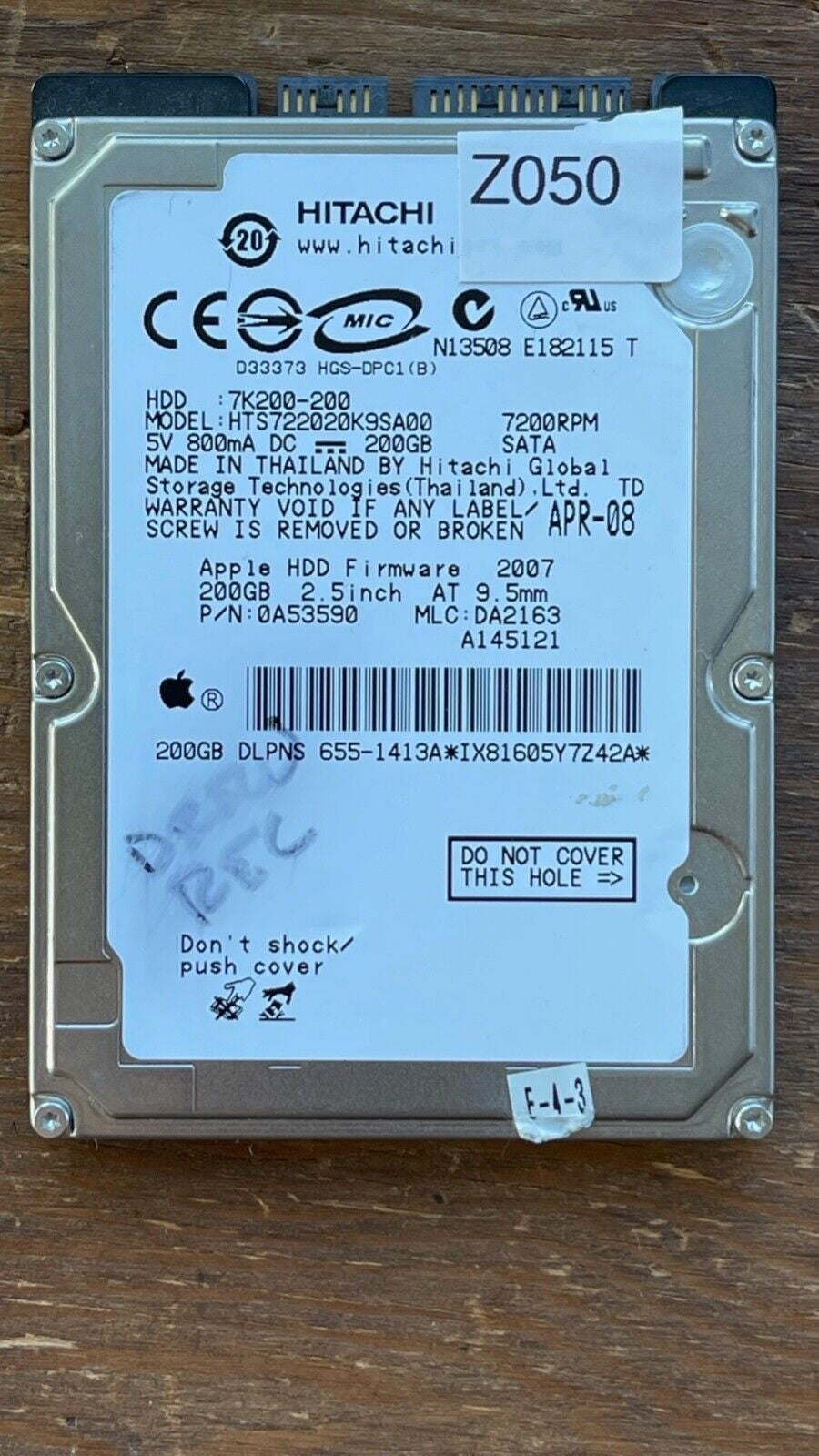 HTS722020K9SA00 – 0A53104 DA1798 – HDD: 7K200-200 – DA2163 – P/N: 0A53590 – 200GB – 2.5" – SATA