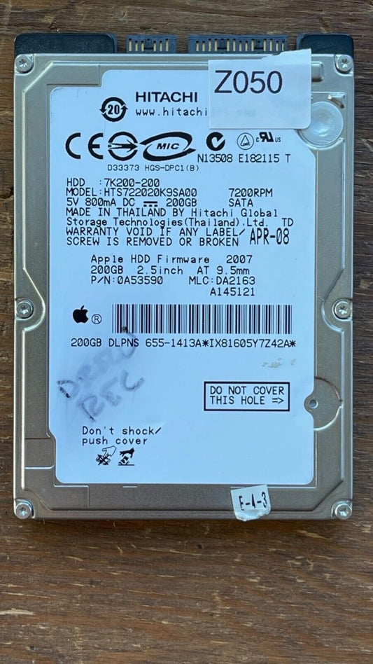 HTS722020K9SA00 – 0A53104 DA1798 – HDD: 7K200-200 – DA2163 – P/N: 0A53590 – 200GB – 2.5" – SATA