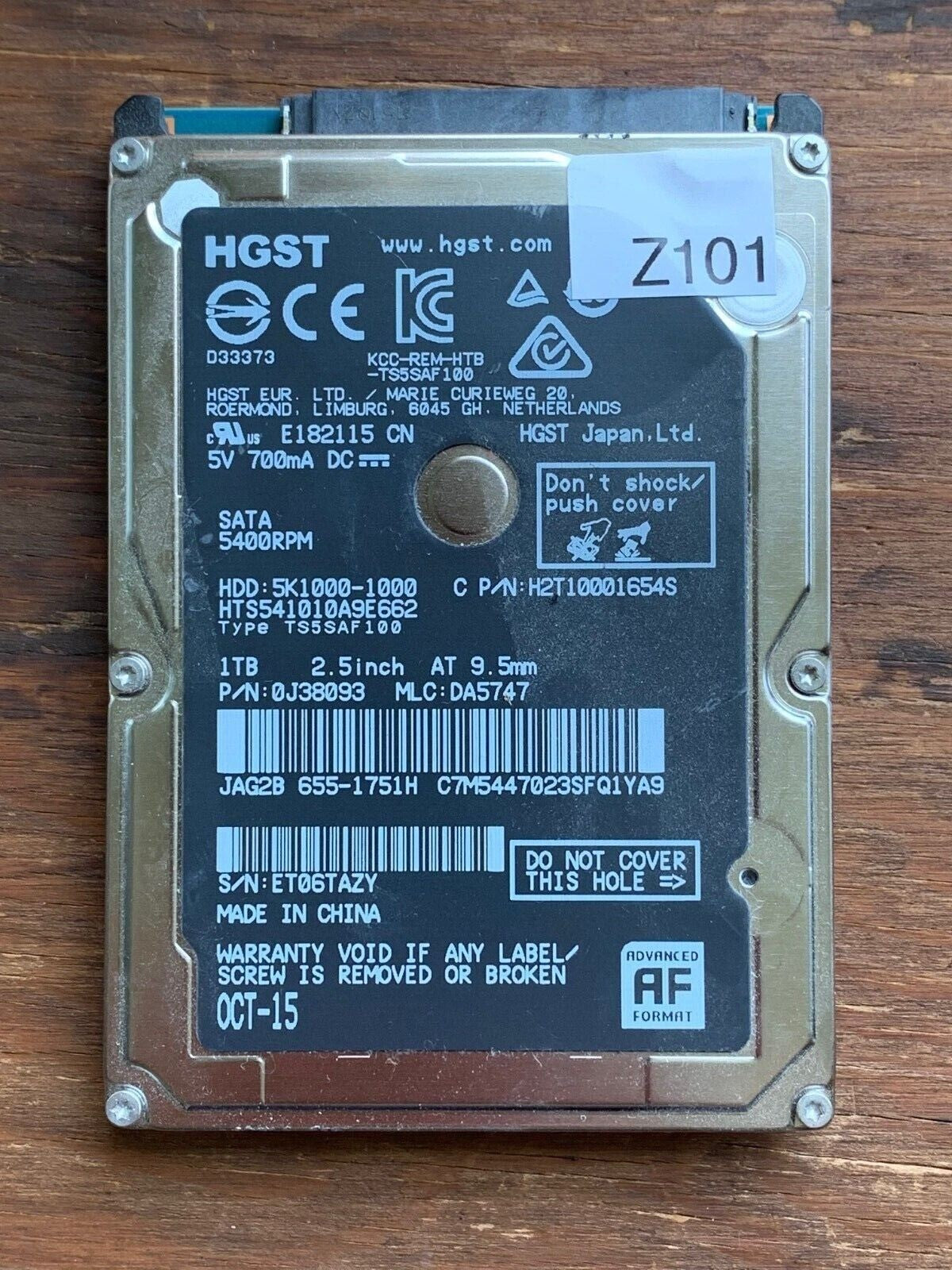 HTS541010A9E662  – 0J24275 DA5092 - DA5747 – P/N: 0J38093 – 1TB – 2.5" – SATA