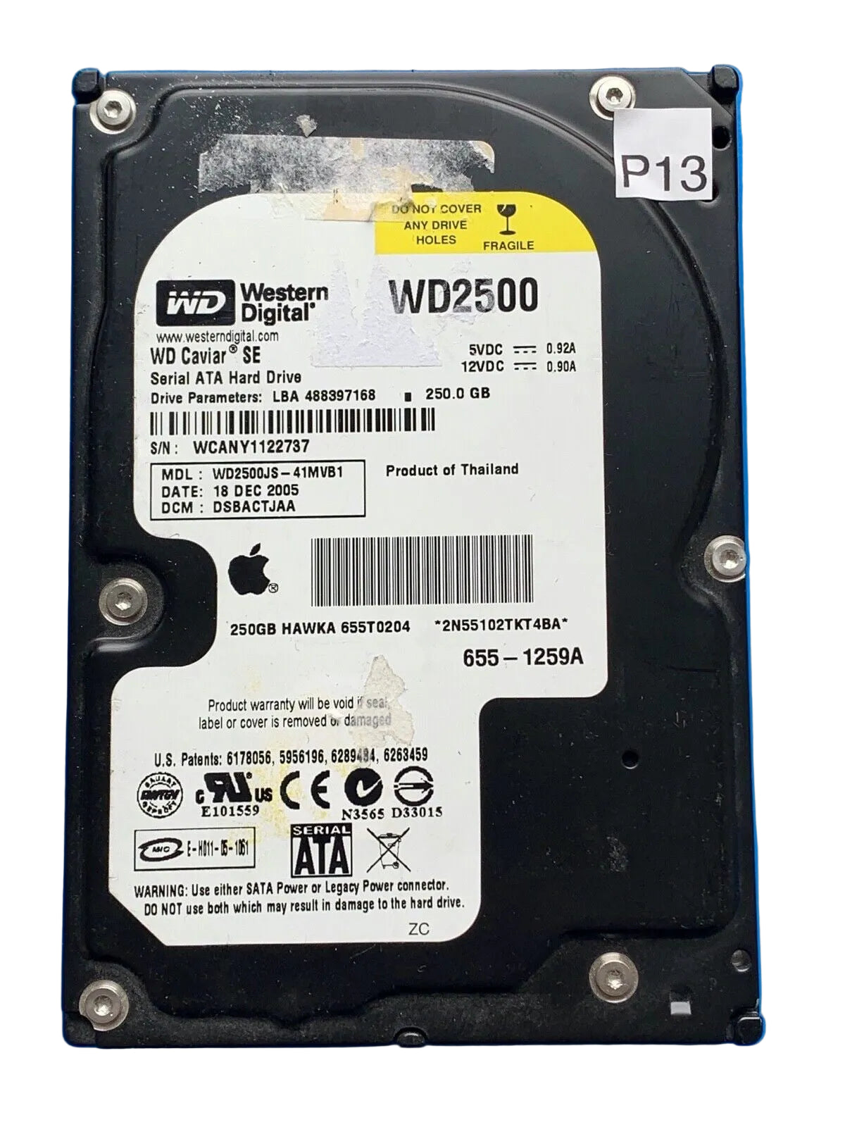 WD2500JS-41MVB1 – 2060-701335-005 REV A – DSBACTJAA – 1024CAFFF HRT 0 Z08 B – Date: 18 DEC 2005 – 250.0 GB – 3.5" – SATA
