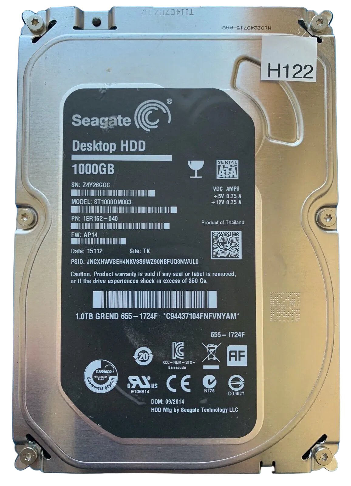 ST1000DM003 – 100724095 REV A – S/N: Z4Y26GQC – P/N: 1ER162-040 – F/W: AP14 – Site: TK – Date: 15112 – 1TB – 3.5" – SATA
