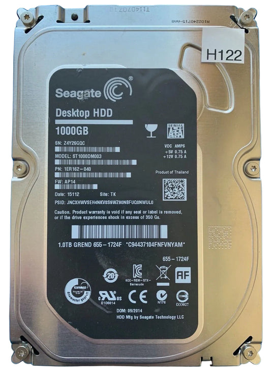 ST1000DM003 – 100724095 REV A – S/N: Z4Y26GQC – P/N: 1ER162-040 – F/W: AP14 – Site: TK – Date: 15112 – 1TB – 3.5" – SATA