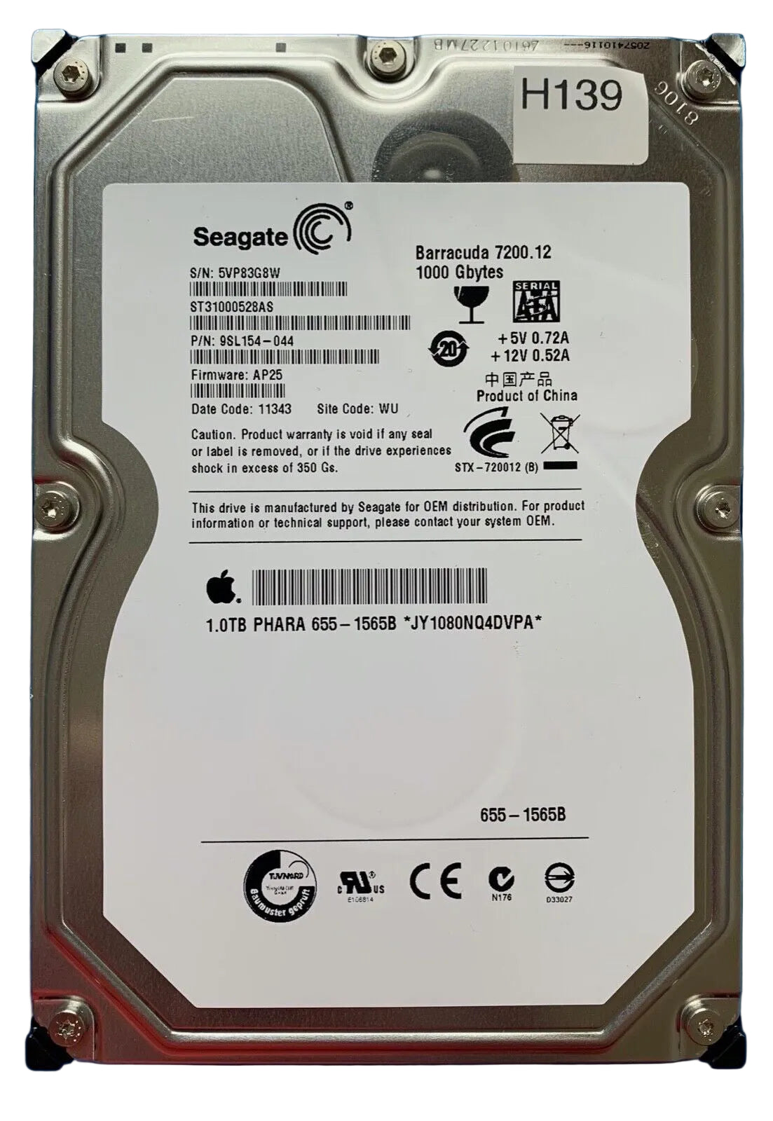 ST31000528AS – 100466817 REV A – S/N: 5VP83G8W – P/N: 9SL154-044 – F/W: AP25 – Site: WU – Date: 11343 – 1TB – 3.5" – SATA