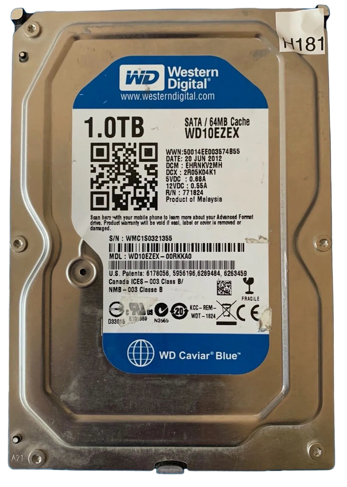 WD10EZEX-00RKKA0 – 2060-771824-506 Rev A – EHRNKV2MH – Date: 20 JUN 2012 – 1TB – 3.5" – SATA