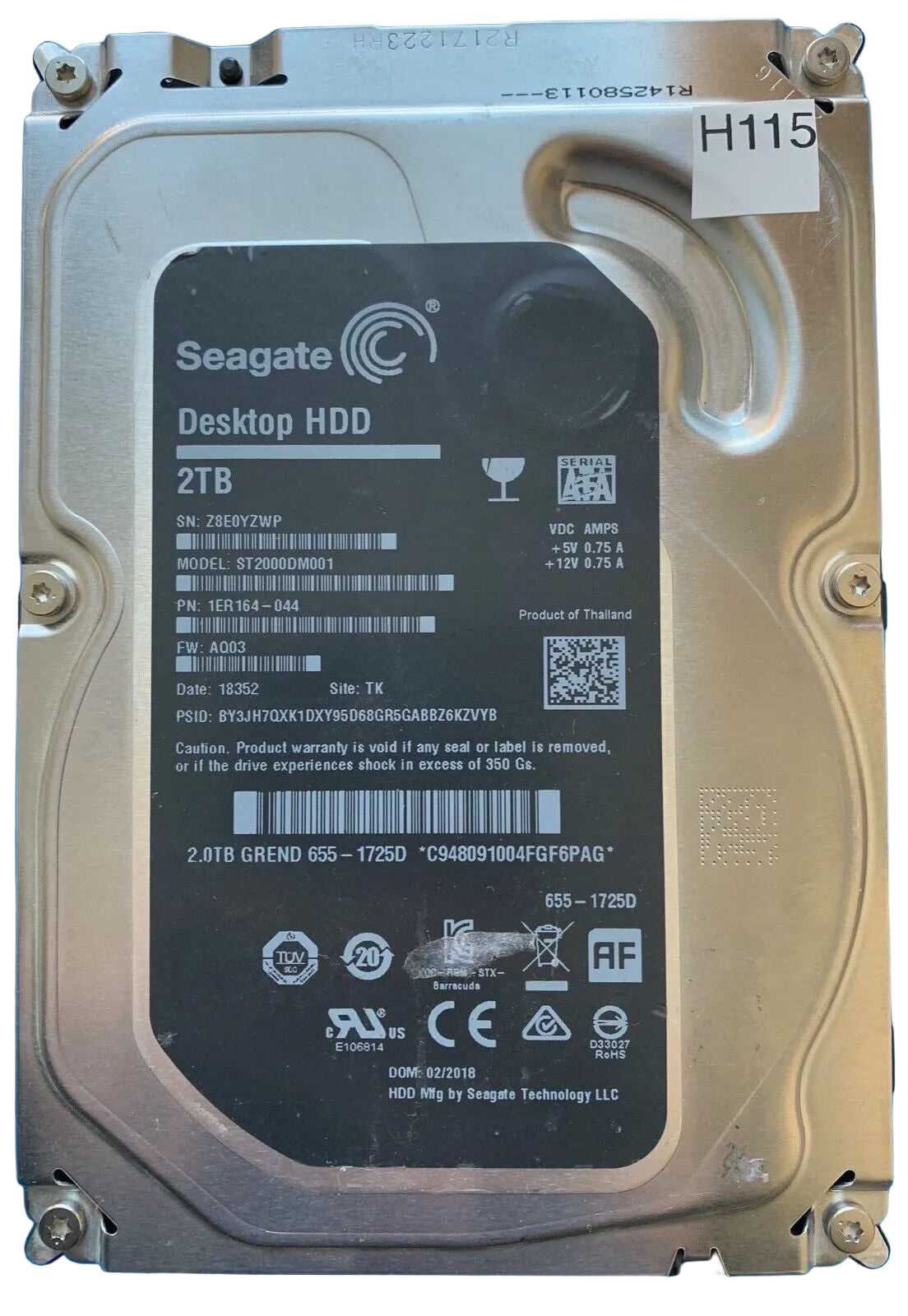 ST2000DM001 – 100762568 REV A – S/N: Z8E0YZWP – P/N: 1ER164-044 – F/W: AQ03 – Site: TK – Date: 18352 – 2TB – 3.5" – SATA