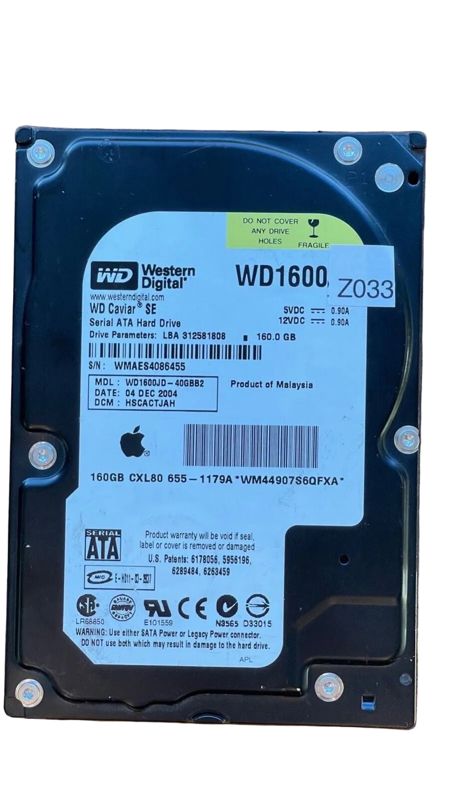 WD1600JD-40GBB2 – HSCACTJAH – Date: 04 DEC 2004 – 160.0 GB – 3.5" – SATA