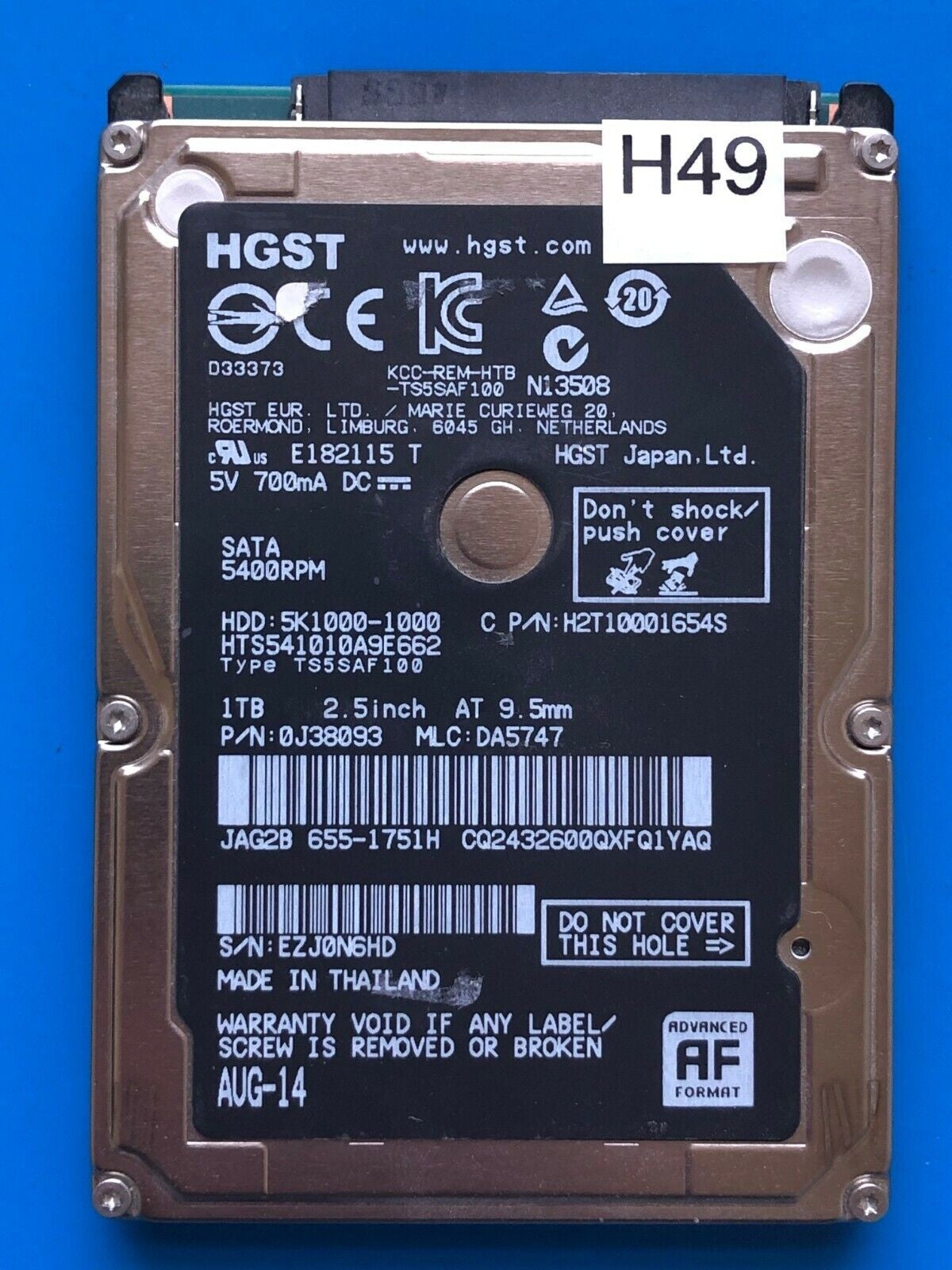 HTS541010A9E662 – 0J24275 DA5092 - MLC: DA5747 – P/N: 0J38093 – 1TB – 2.5" – SATA