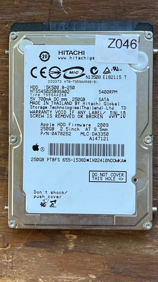 HTS545025B9SA02 – 0A58758 DA2740 – HDD:5K500.B-250 – TS5SAA250 – DA3350 – P/N: 0A78252 – 250GB – 2.5" – SATA