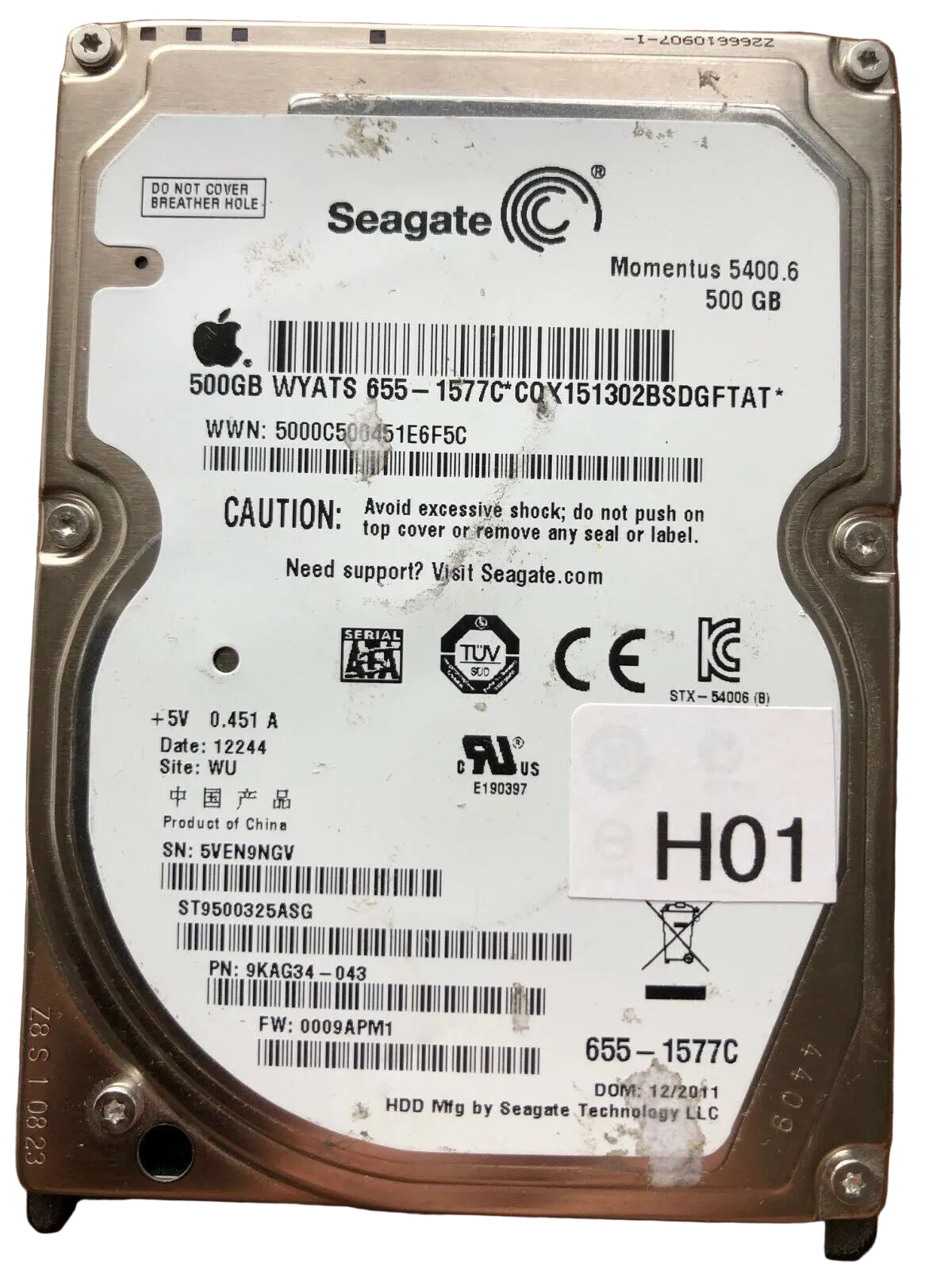 ST9500325ASG – 100555308 Rev A – S/N: 5VEN9NGV – P/N: 9KAG34-043 – Site: WU – Date: 12244 – 500GB – 2.5" – SATA