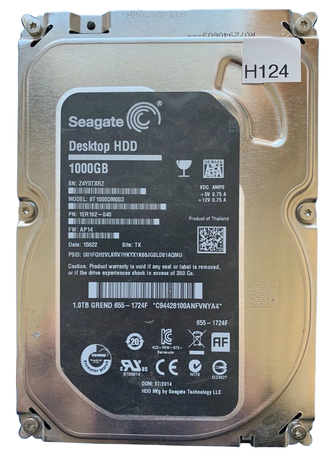 ST1000DM003 – 100724095 REV A – S/N: Z4Y0TXRZ – P/N: 1ER162-040 – F/W: AP14 – Site: TK – Date: 15022 – 1TB – 3.5" – SATA