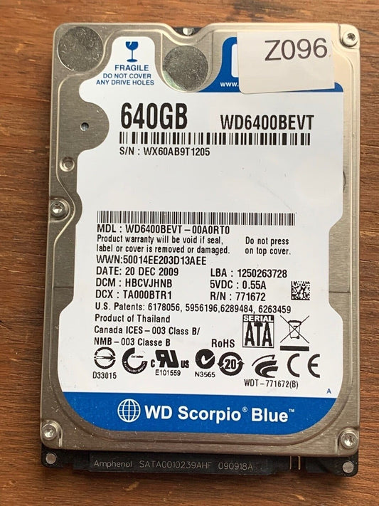 WD6400BEVT-00A0RT0, DCM: HBCVJHNB, Western Digital 640GB SATA 2.5 Hard Drive