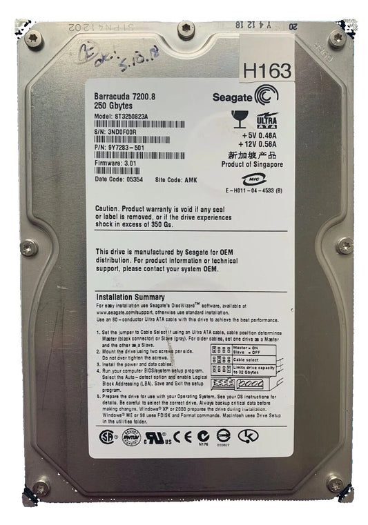 ST3250823A – 100327114 Rev B – S/N: 3ND0F00R – P/N: 9Y7283-501 – F/W: 3.01 – Site: AMK – Date: 05354 – 250GB – 3.5" – IDE/PATA