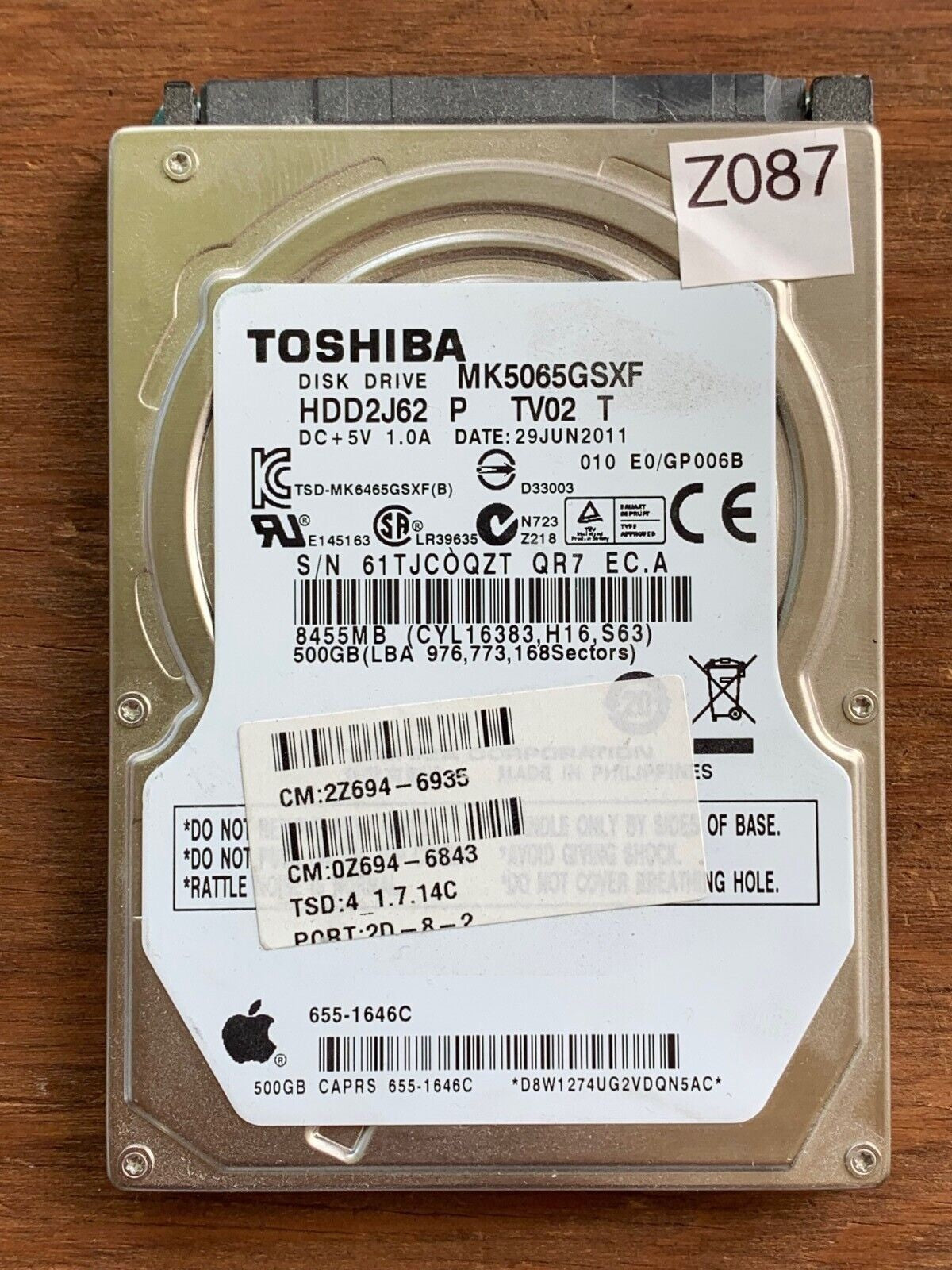 MK5065GSXF – G002706A – HDD2J62 P TV02 T – E0/GP006B – 500GB – 2.5" – SATA