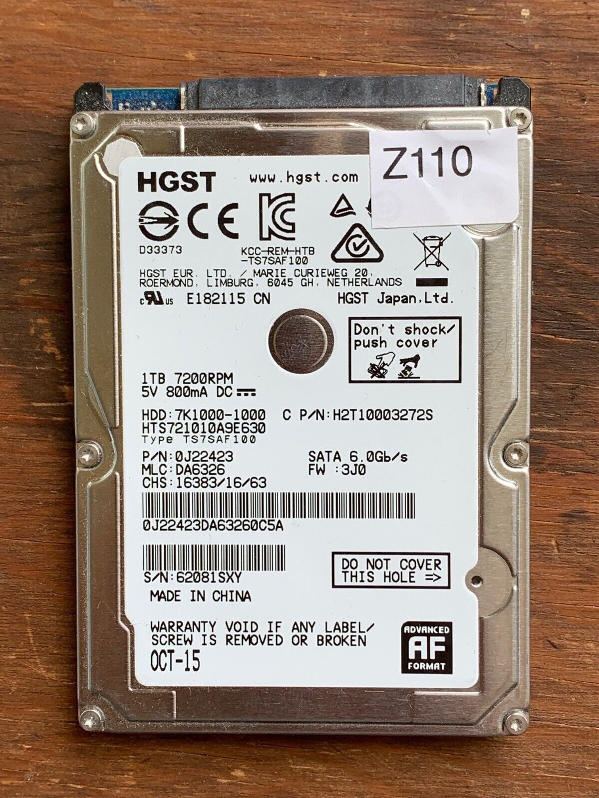 HTS721010A9E630 – 0J14465 DA4743 – HDD:7K1000-1000 – TS7SAF100 – DA6326 – P/N: 0J22423 – 1TB – 2.5" – SATA